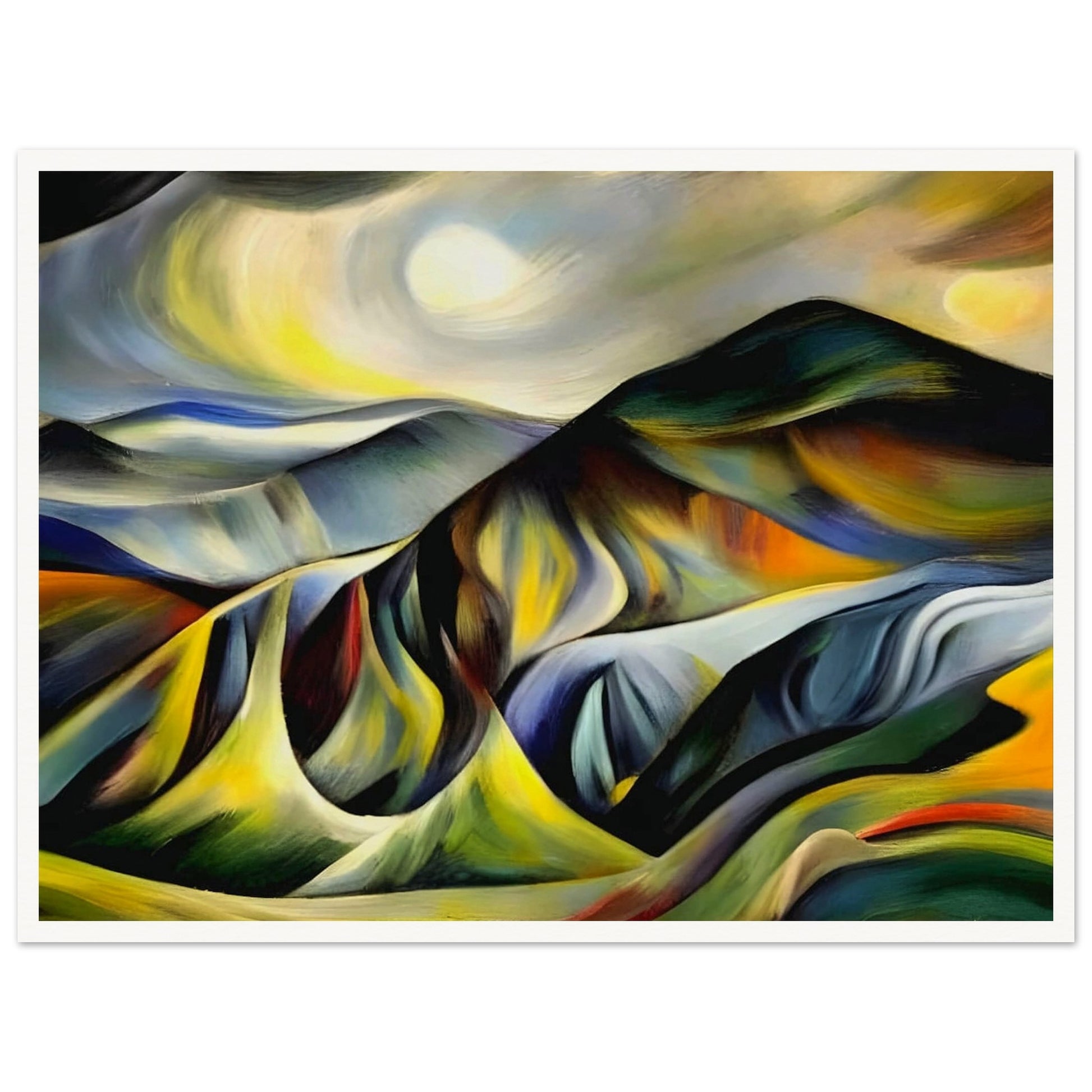 A vivid, abstract landscape painting featuring rolling mountains in rich shades of yellow, green, blue, and orange under a glowing sky.