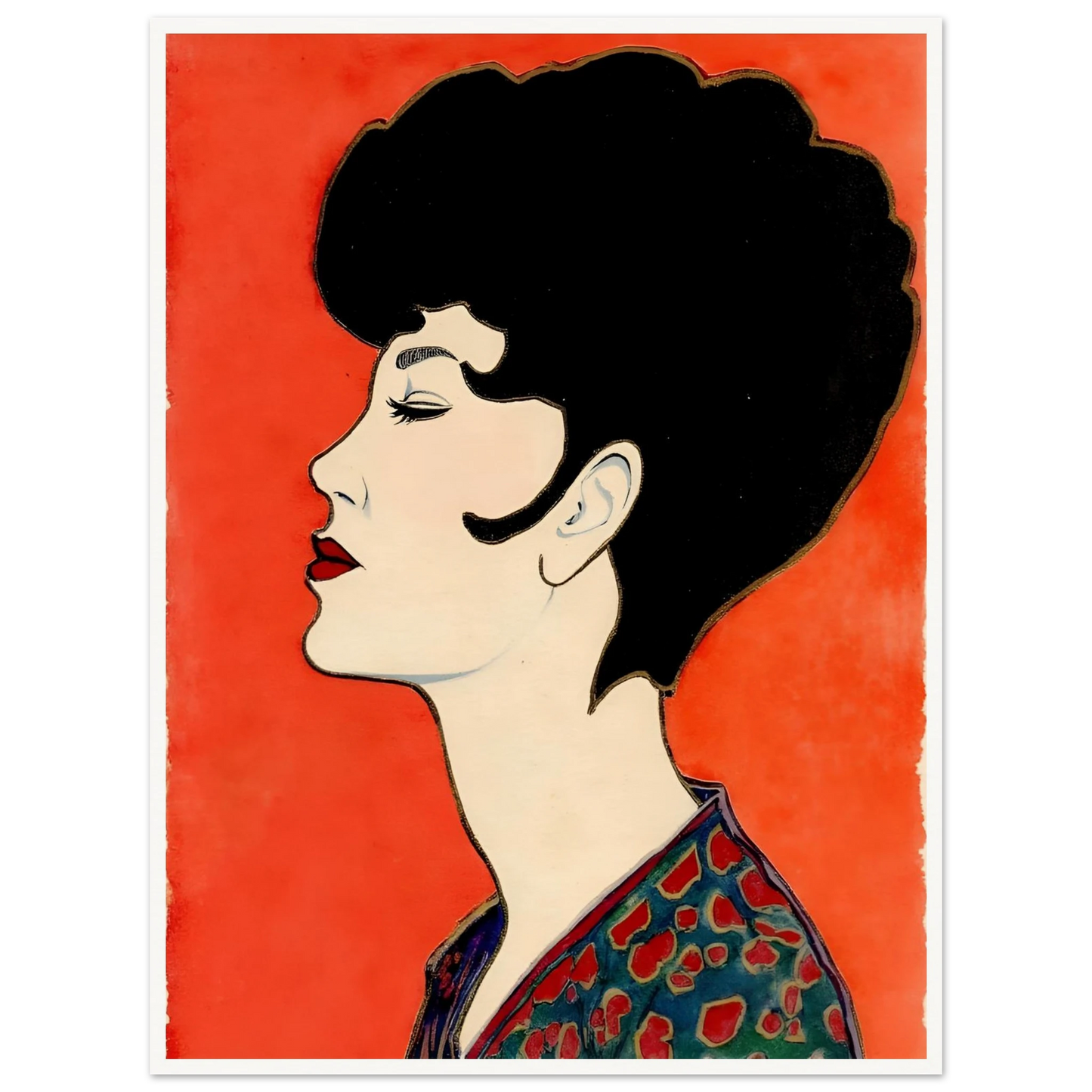 Elegant side-profile portrait of a woman with sculpted dark hair, vivid red lips, and patterned attire set against a radiant scarlet backdrop.