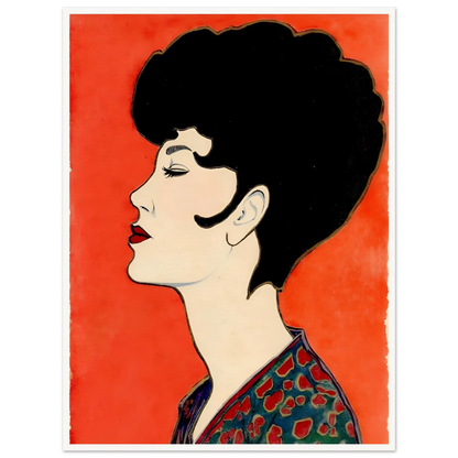Elegant side-profile portrait of a woman with sculpted dark hair, vivid red lips, and patterned attire set against a radiant scarlet backdrop.