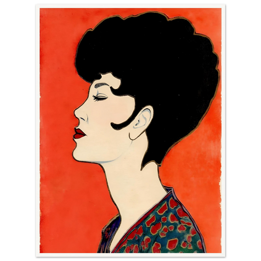 Elegant side-profile portrait of a woman with sculpted dark hair, vivid red lips, and patterned attire set against a radiant scarlet backdrop.