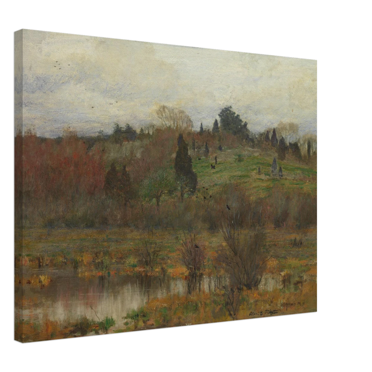 Muted marsh landscape with pond, hills, trees, and red-winged birds under a pale sky.