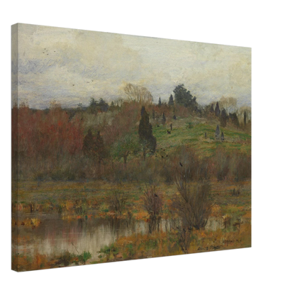 Muted marsh landscape with pond, hills, trees, and red-winged birds under a pale sky.