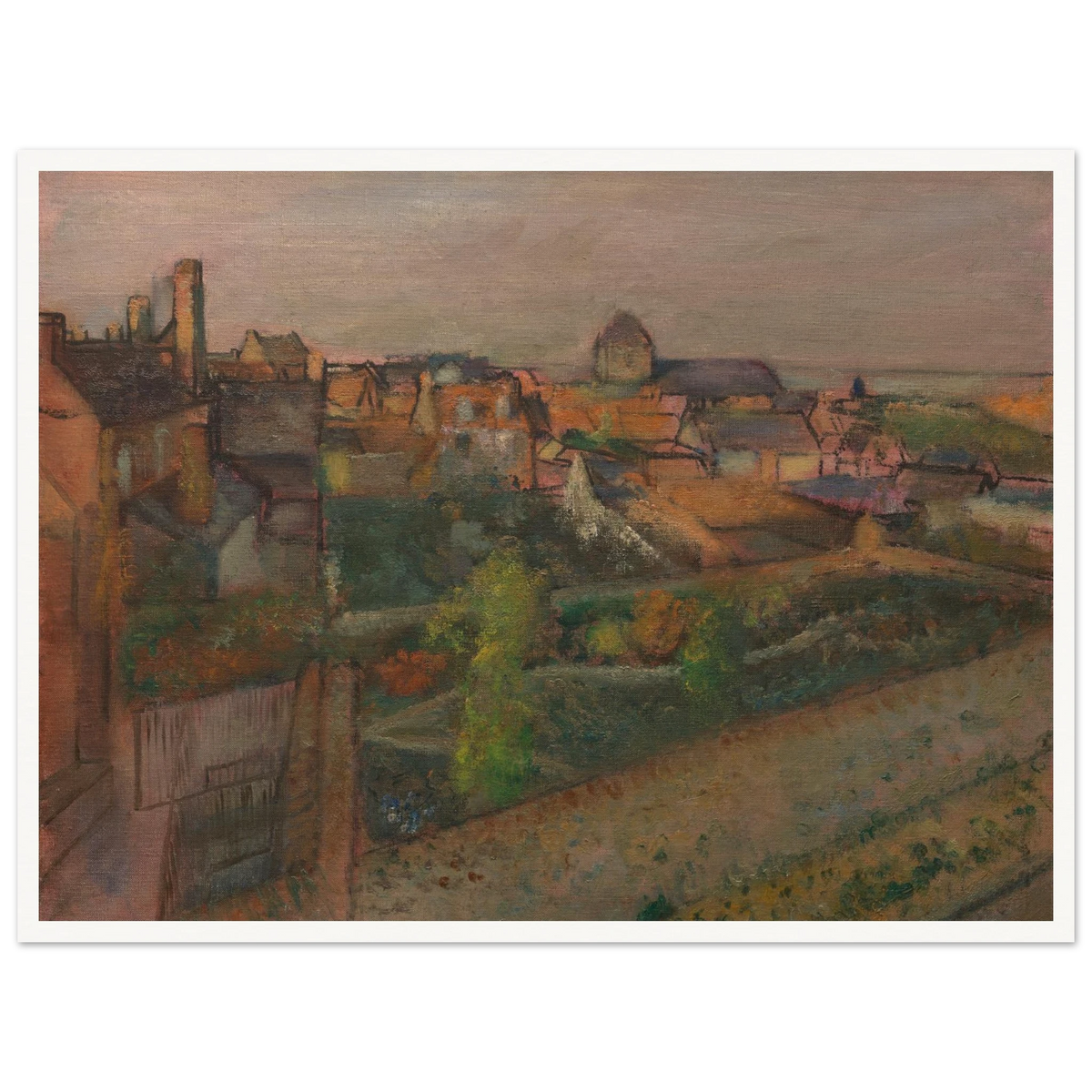 A high view of Saint-Valéry-sur-Somme with rooftops, gardens, and distant water under a pale sky.