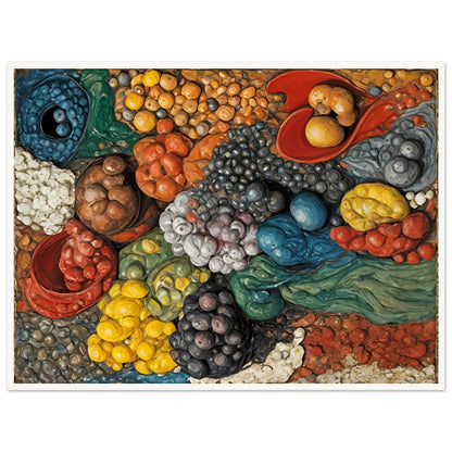 A vibrant, textured composition of assorted fruits, vegetables, and grains in a dynamic arrangement, bursting with rich colors and organic forms.