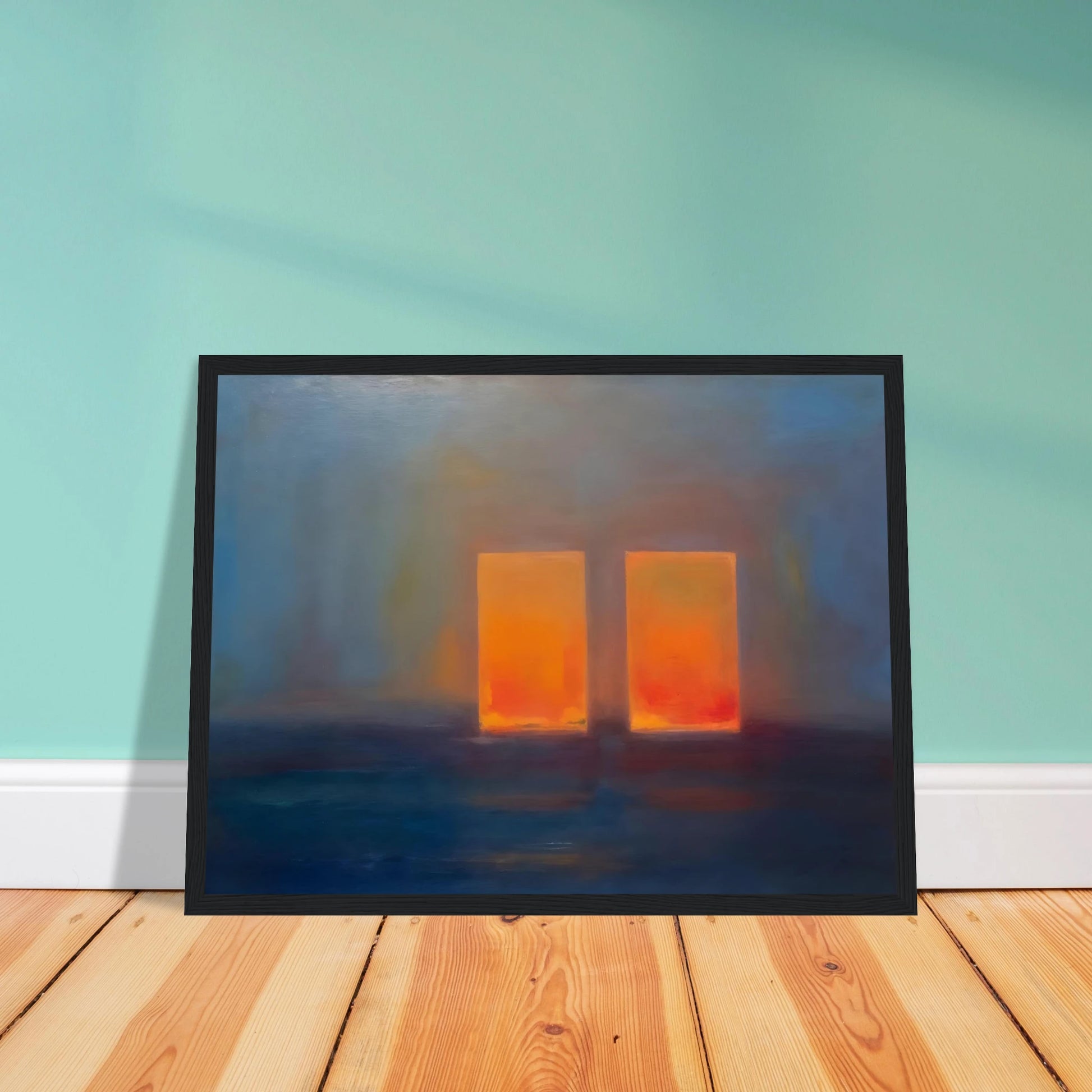 Moody blue interior with two glowing orange doorways, evoking quiet mystery, warmth, and minimalist atmospheric depth.