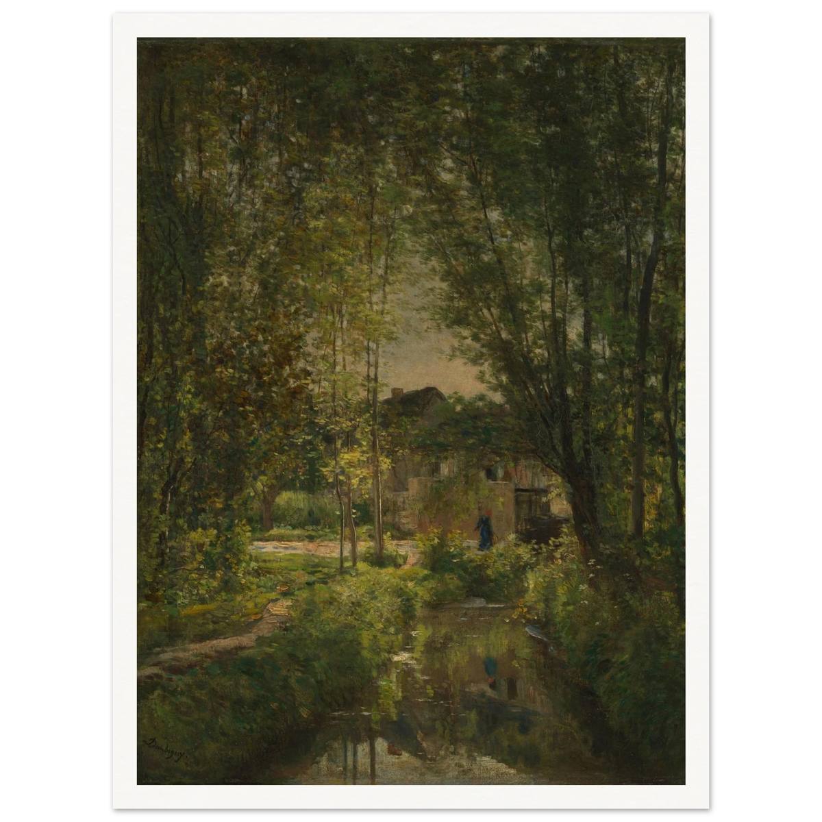 Sunlit stream winds through dense trees toward a cottage in a quiet woodland landscape