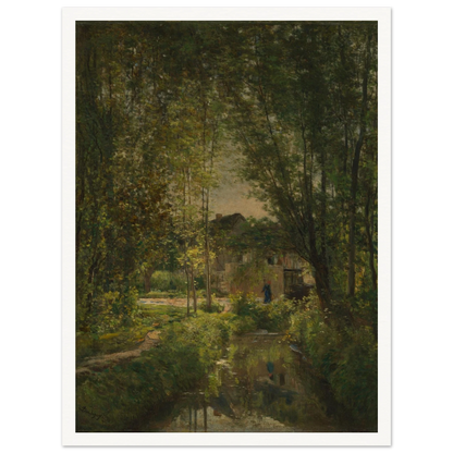 Sunlit stream winds through dense trees toward a cottage in a quiet woodland landscape
