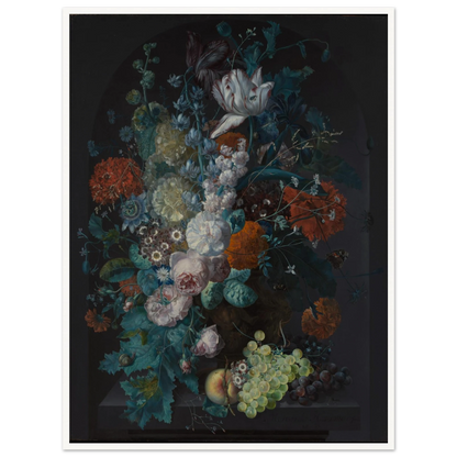 Lavish bouquet of tulips, roses, and peonies with grapes and peaches against a dark background.