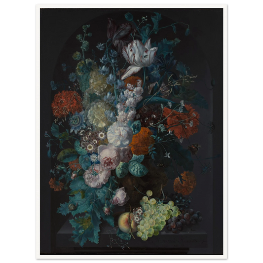 Lavish bouquet of tulips, roses, and peonies with grapes and peaches against a dark background.