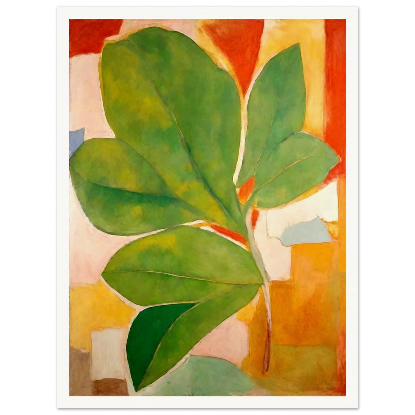 A large green leaf stands out against a background of abstract shapes in warm hues of orange, red, and beige, creating a striking composition of color and form.