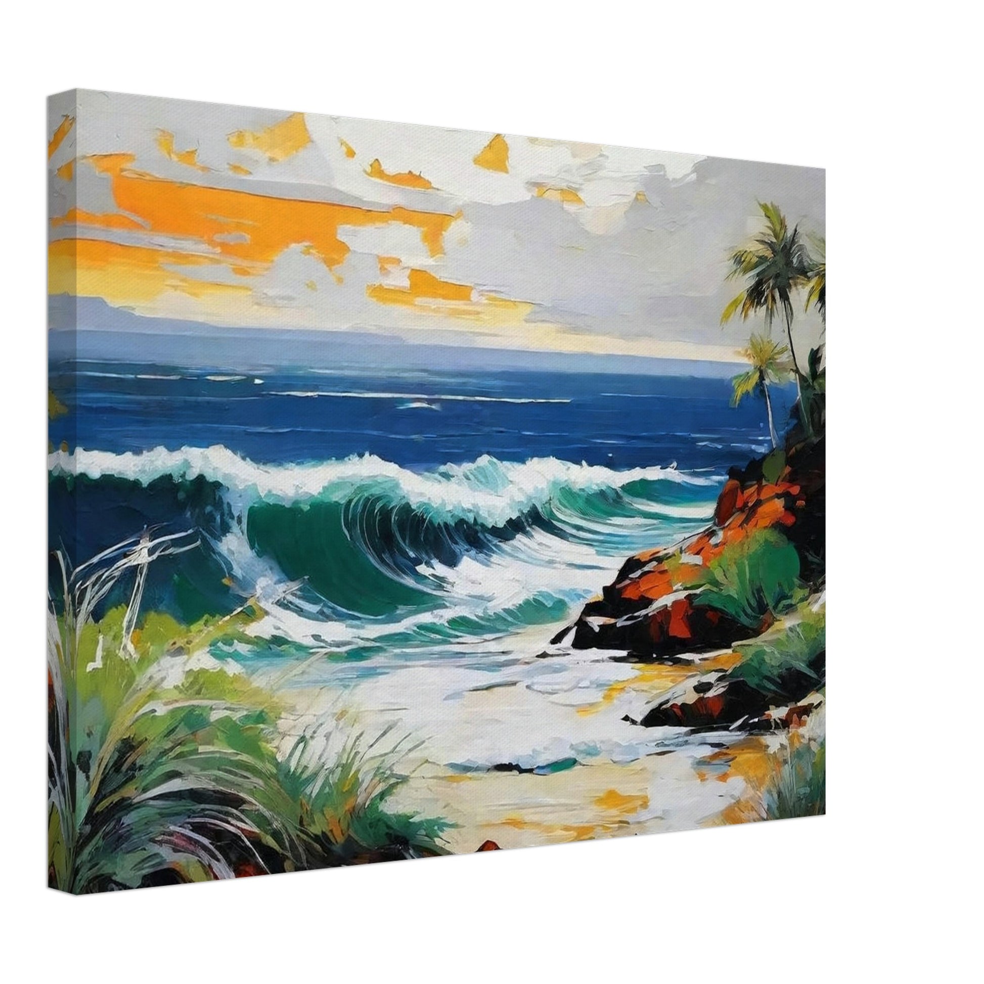 A vibrant painting of an ocean wave crashing onto a rocky coastline with palm trees and a colorful sky at sunset, exuding serenity.