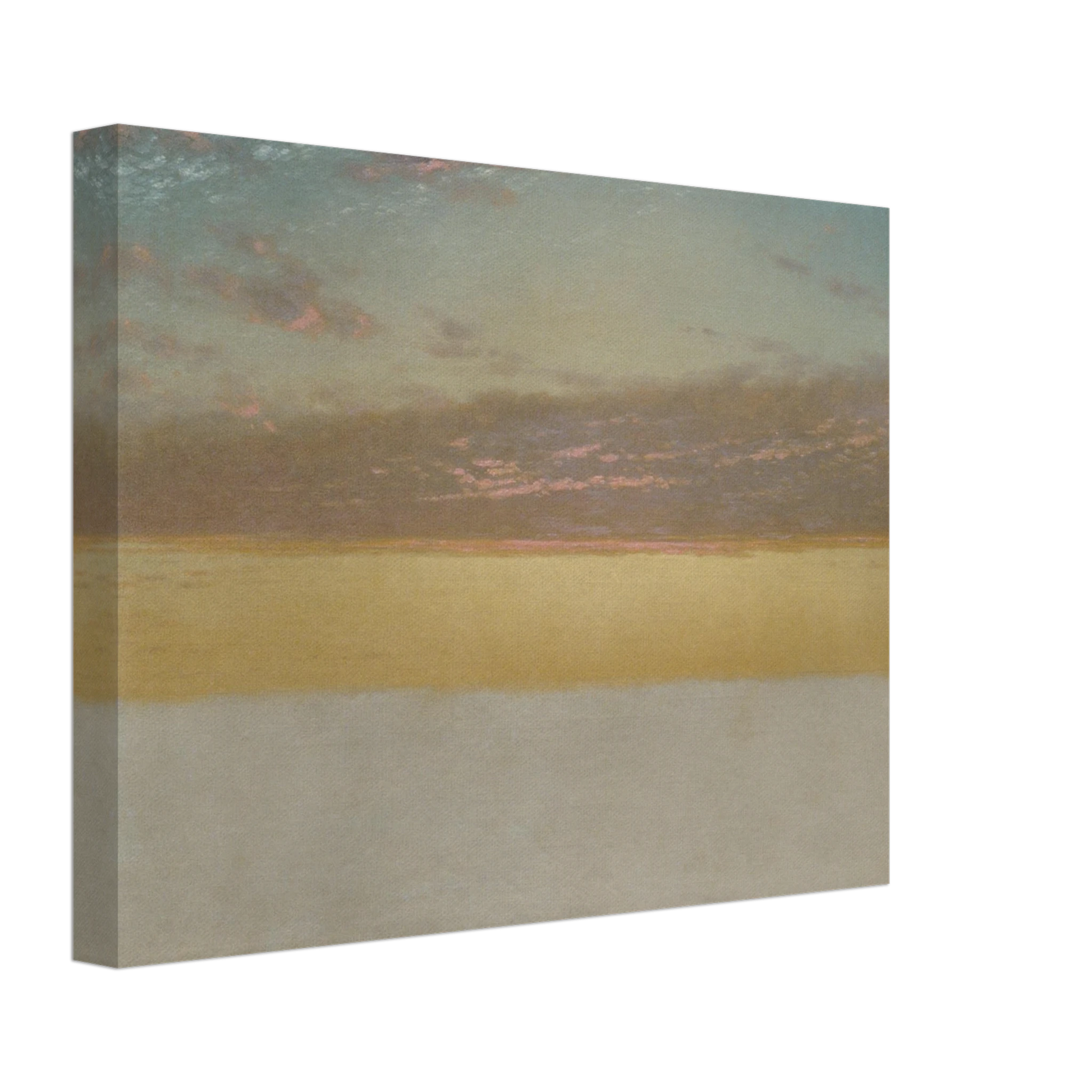 Soft sunset over calm sea with yellow horizon, blue sky, and pink clouds