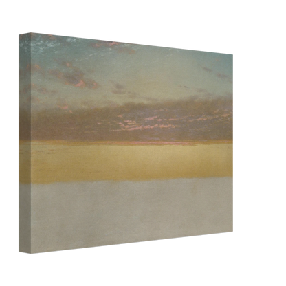 Soft sunset over calm sea with yellow horizon, blue sky, and pink clouds