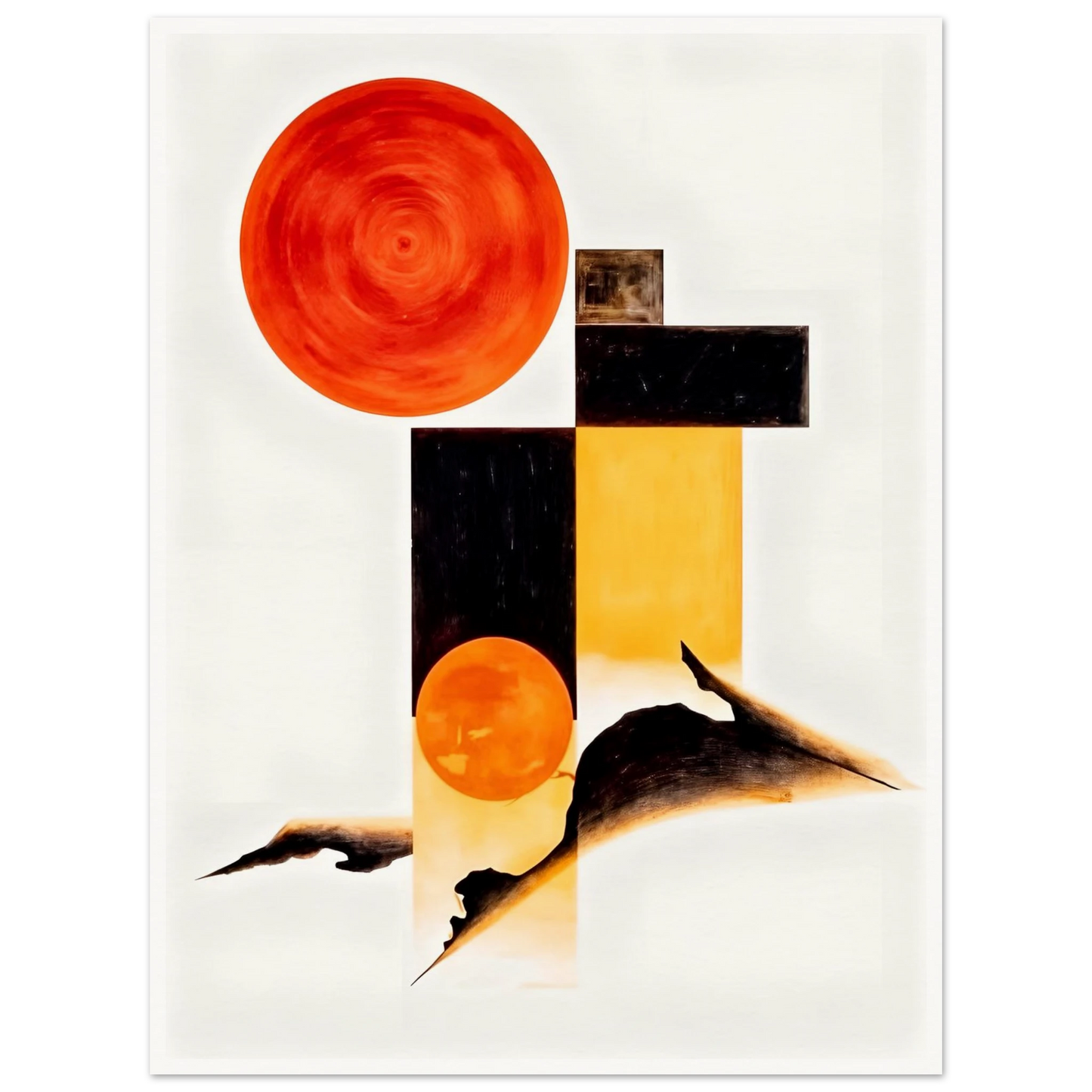 A minimalist abstract composition featuring bold orange circular forms, geometric black and golden rectangles, and flowing dark organic shapes set against a bright white background.