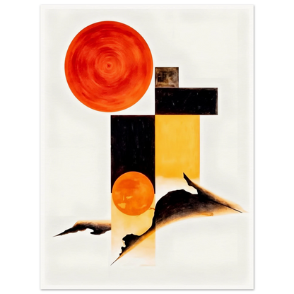 A minimalist abstract composition featuring bold orange circular forms, geometric black and golden rectangles, and flowing dark organic shapes set against a bright white background.