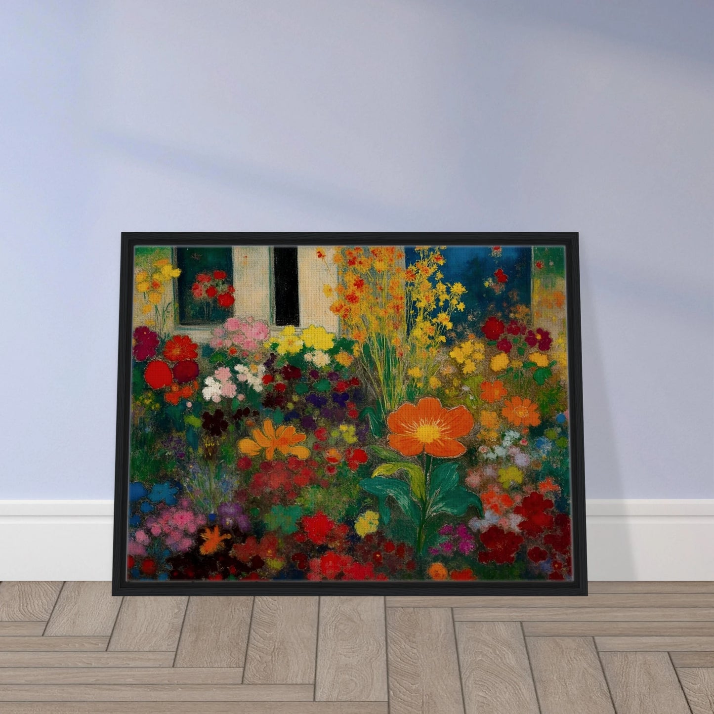 Colorful garden blooms gather before a blue door and window, led by a bright orange flower.