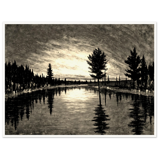 A serene black and white landscape of tall trees reflected in a still river beneath a dimly lit, textured evening sky.