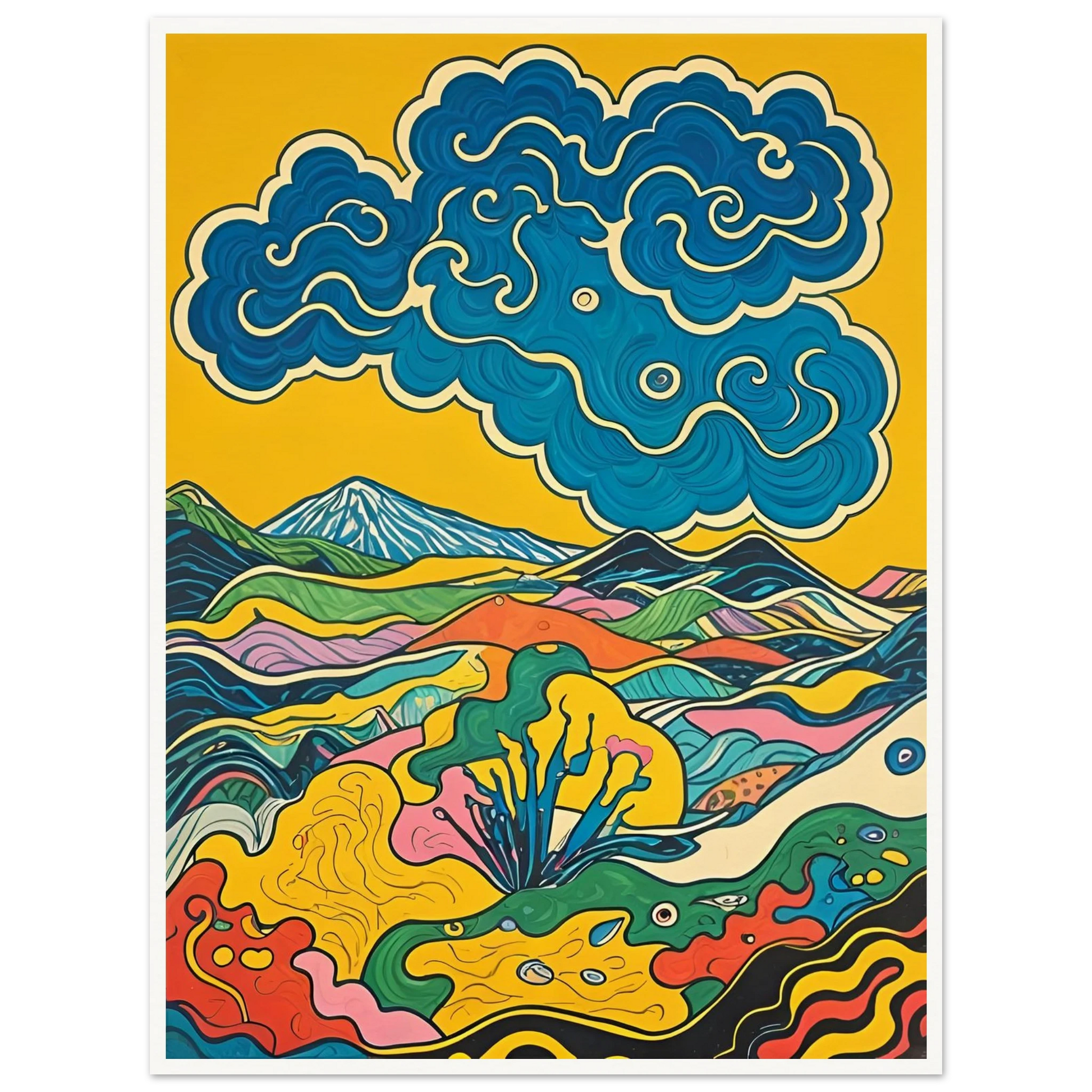 A vivid, psychedelic landscape of colorful hills and blue swirling clouds under a golden sky.