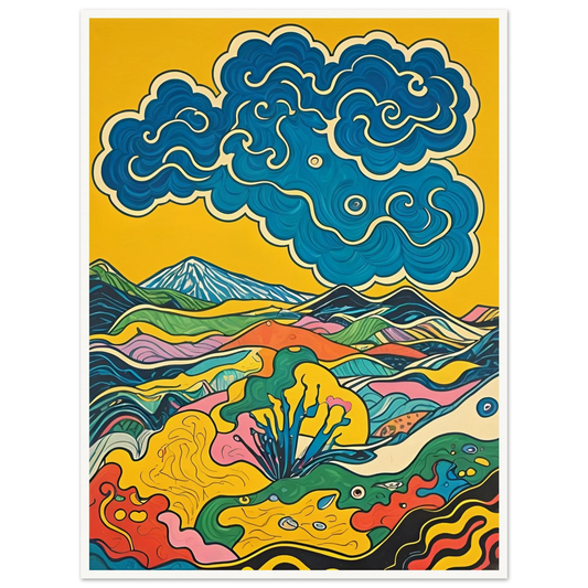 A vivid, psychedelic landscape of colorful hills and blue swirling clouds under a golden sky.