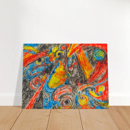 Explosive swirling lines of red, blue, yellow, and black collide in a high-energy abstract composition filled with motion and intensity.