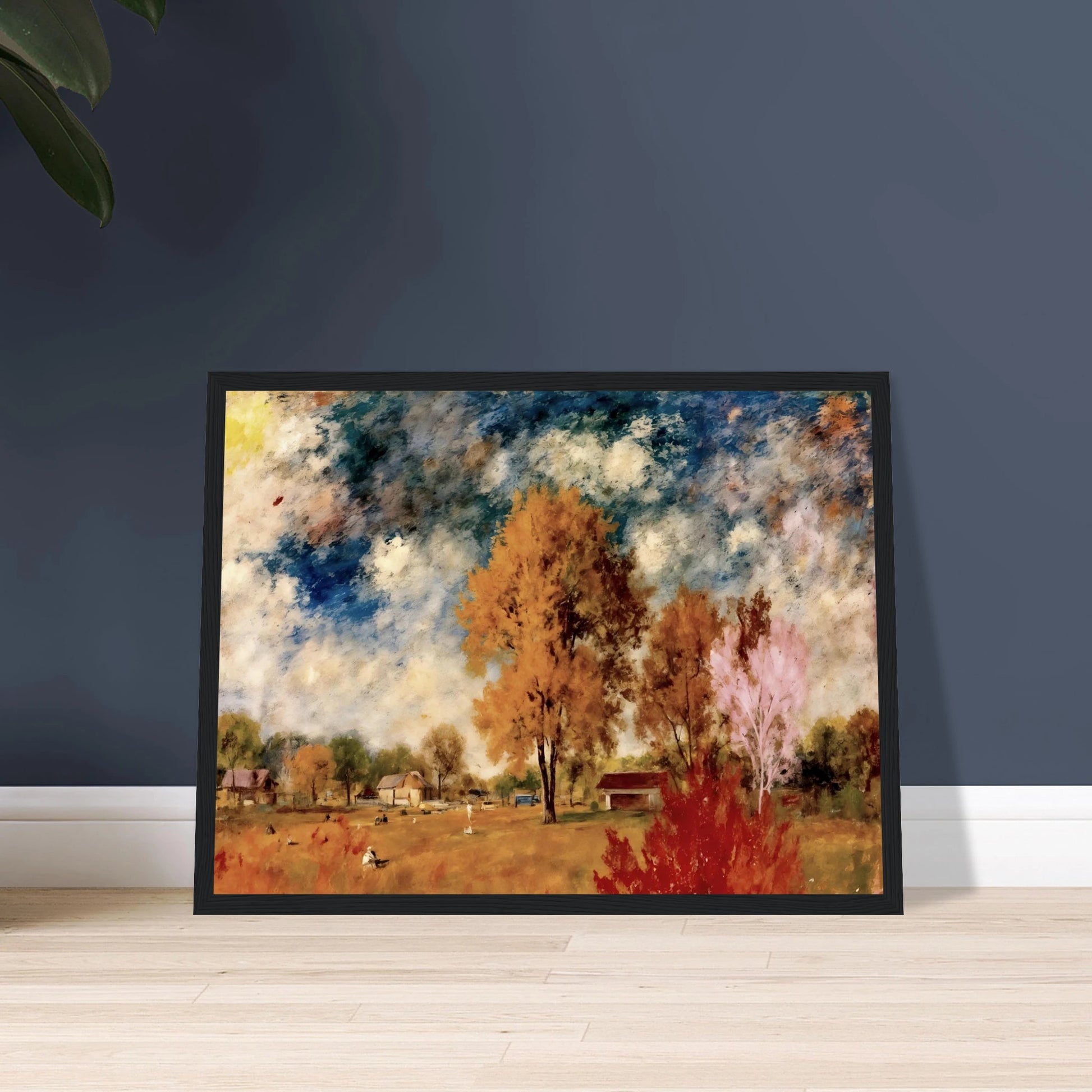 A pastoral countryside scene with autumn trees, rustic homes, golden fields, and dramatic blue skies painted in soft textured strokes.