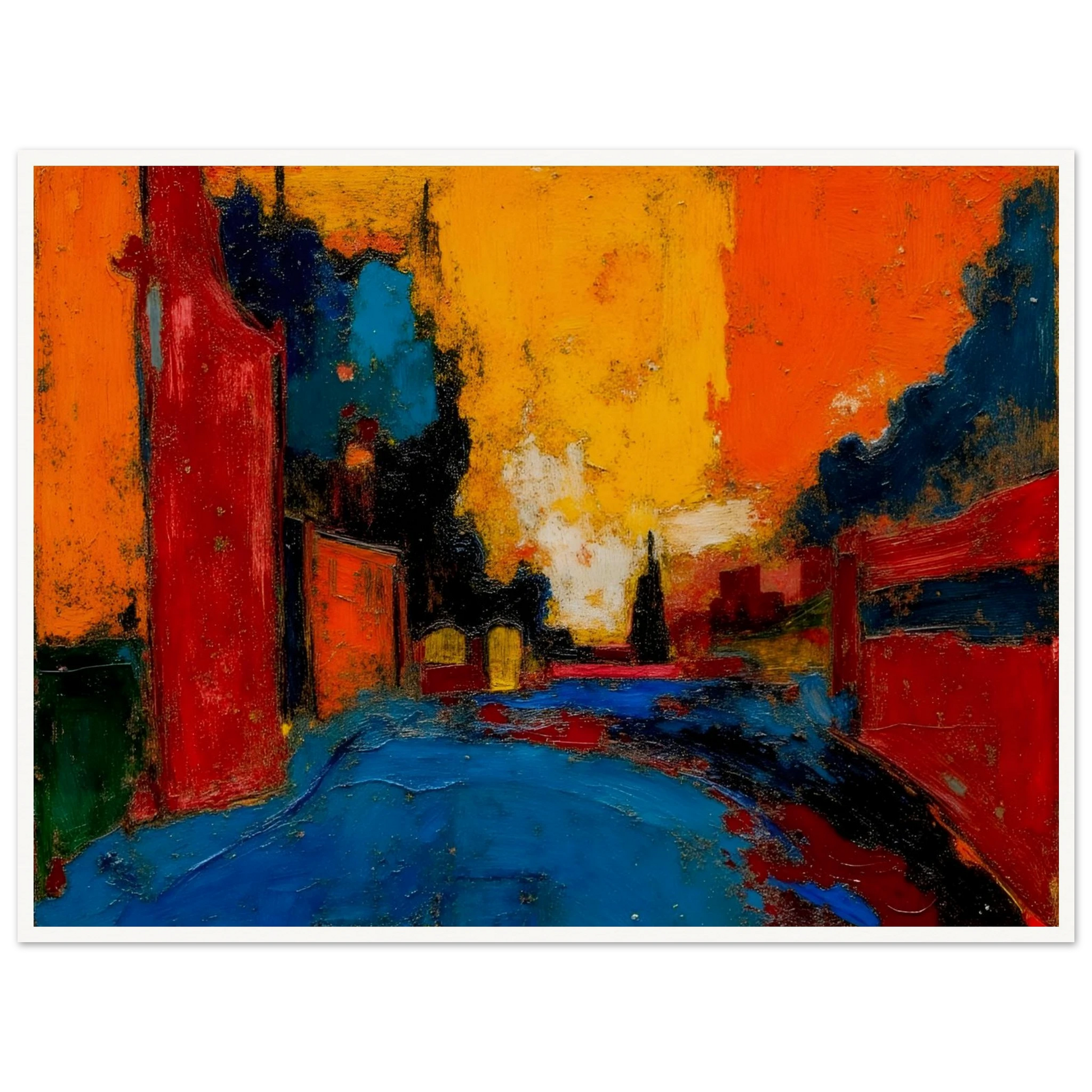 An expressive urban street scene painted in bold reds, oranges, blues, and black, featuring buildings lining a road beneath a dramatic glowing sunset sky.