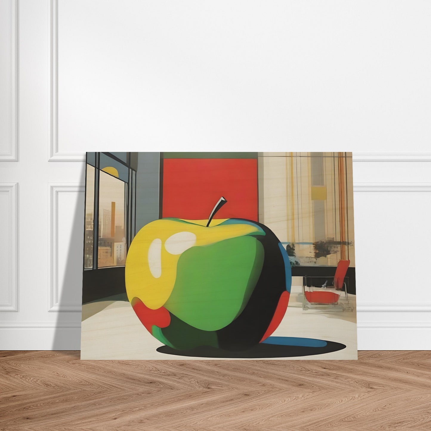 Modern artwork depicting a vibrant, oversized apple in a contemporary room with cityscape views and bold geometric shapes.