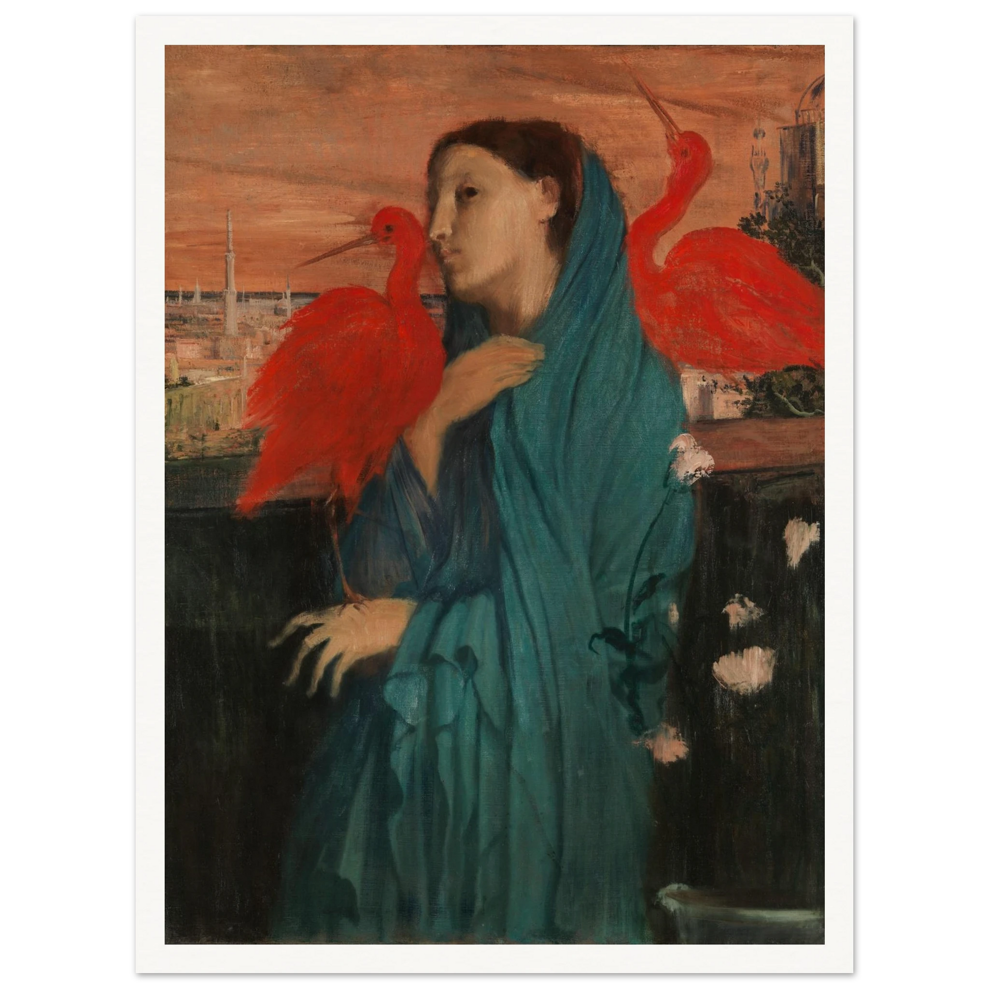 A young woman in a blue robe stands between two bright red ibises against a distant cityscape.