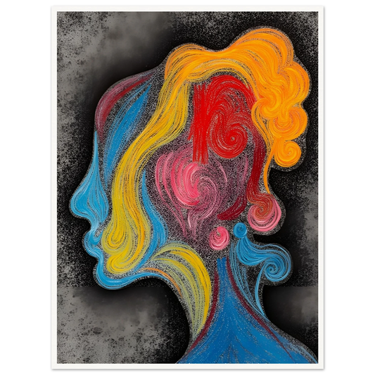 A vibrant profile of a human face outlined in swirling strokes of red, blue, yellow, and pink on a smoky gray background.