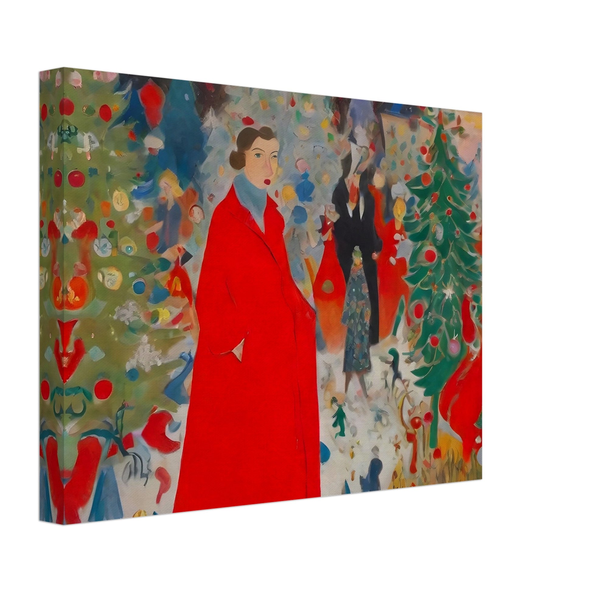 An expressive festive scene featuring a woman in a bold red coat surrounded by decorated Christmas trees and a lively holiday crowd.