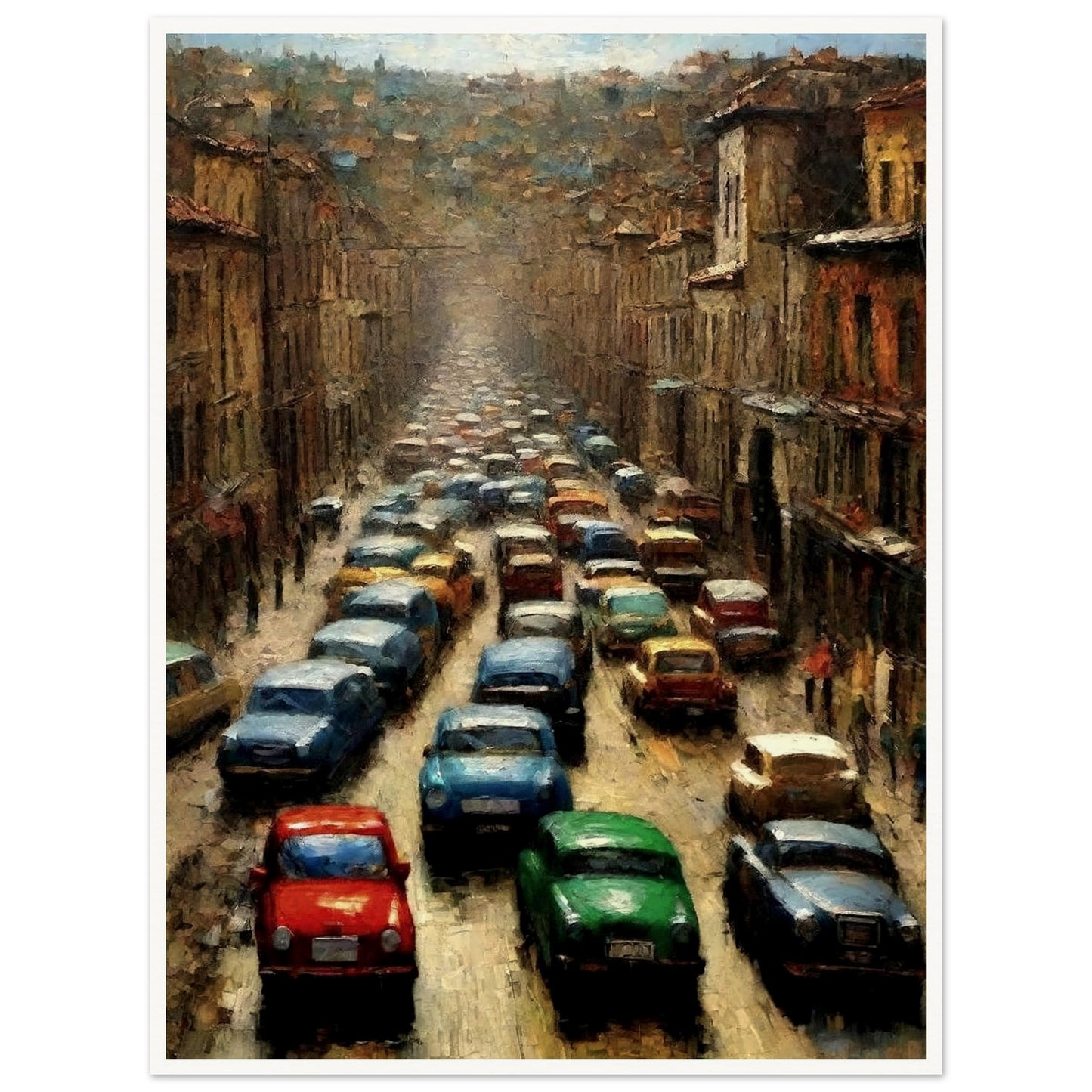 "A densely packed painting of colorful cars lined up in a busy city street, depicting the chaotic energy of a traffic jam on an urban road surrounded by tall buildings."