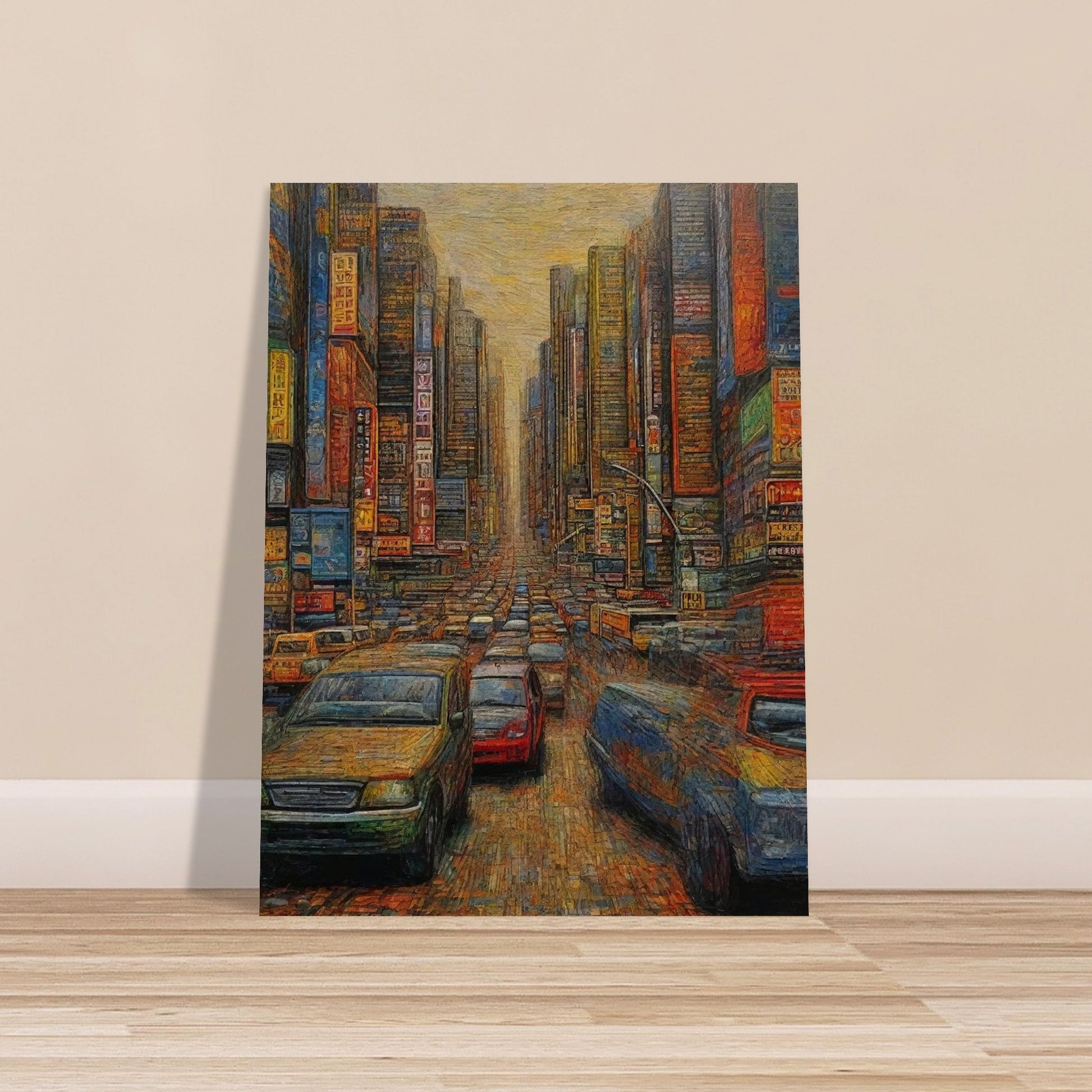 "A detailed painting of a busy urban street filled with cars and surrounded by towering skyscrapers, neon signs, and a warm, hazy sky overhead."