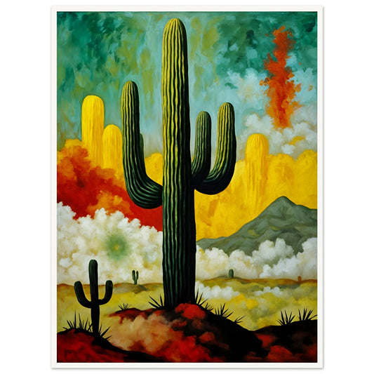 A striking painting of towering cacti set against a vivid desert sky, with swirling clouds, golden hues, and a distant mountain.