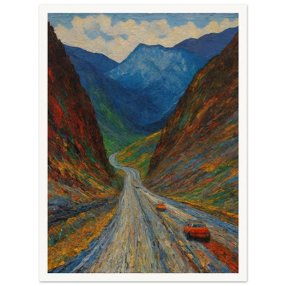 A vivid painting depicting a winding road through a colorful, mountainous landscape with two orange cars traveling along it.