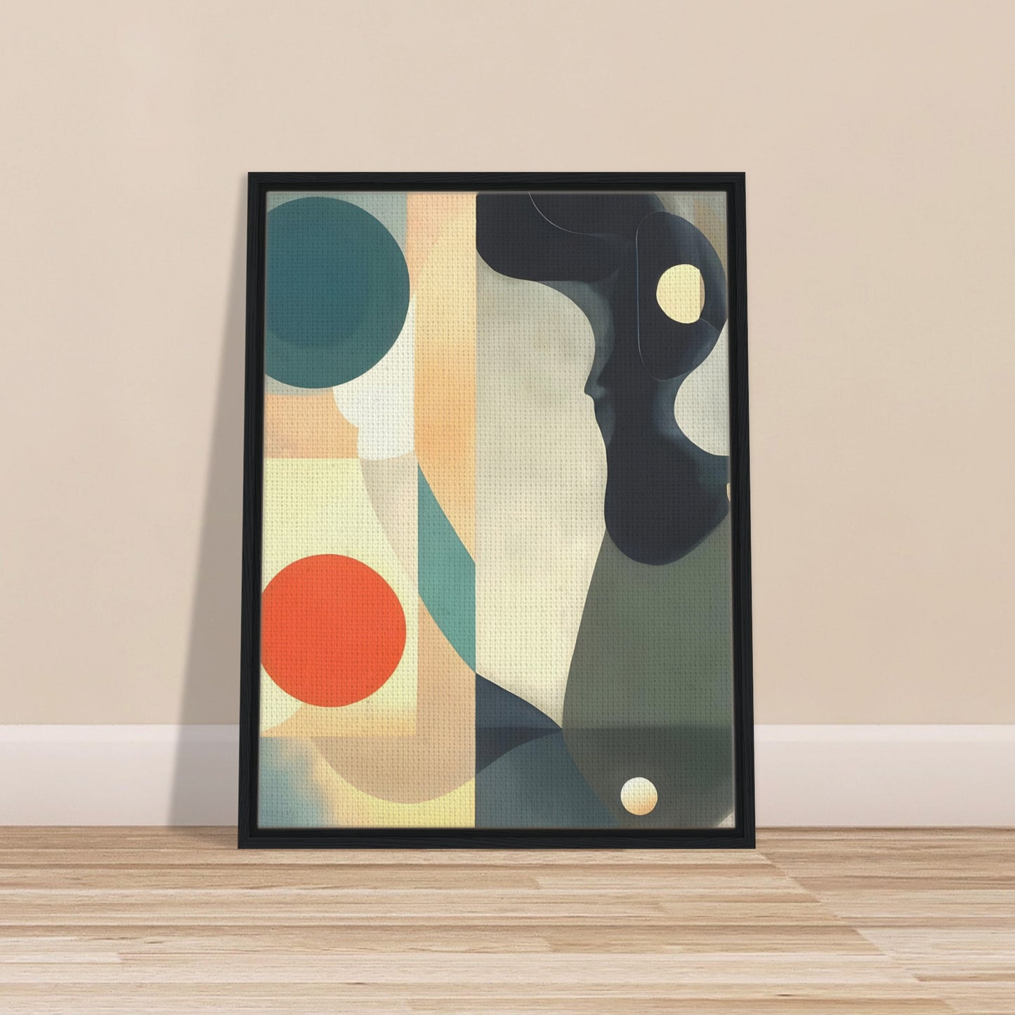 A serene composition featuring flowing shapes, bold circles, and muted tones of teal, orange, and cream, creating a modern abstract design.