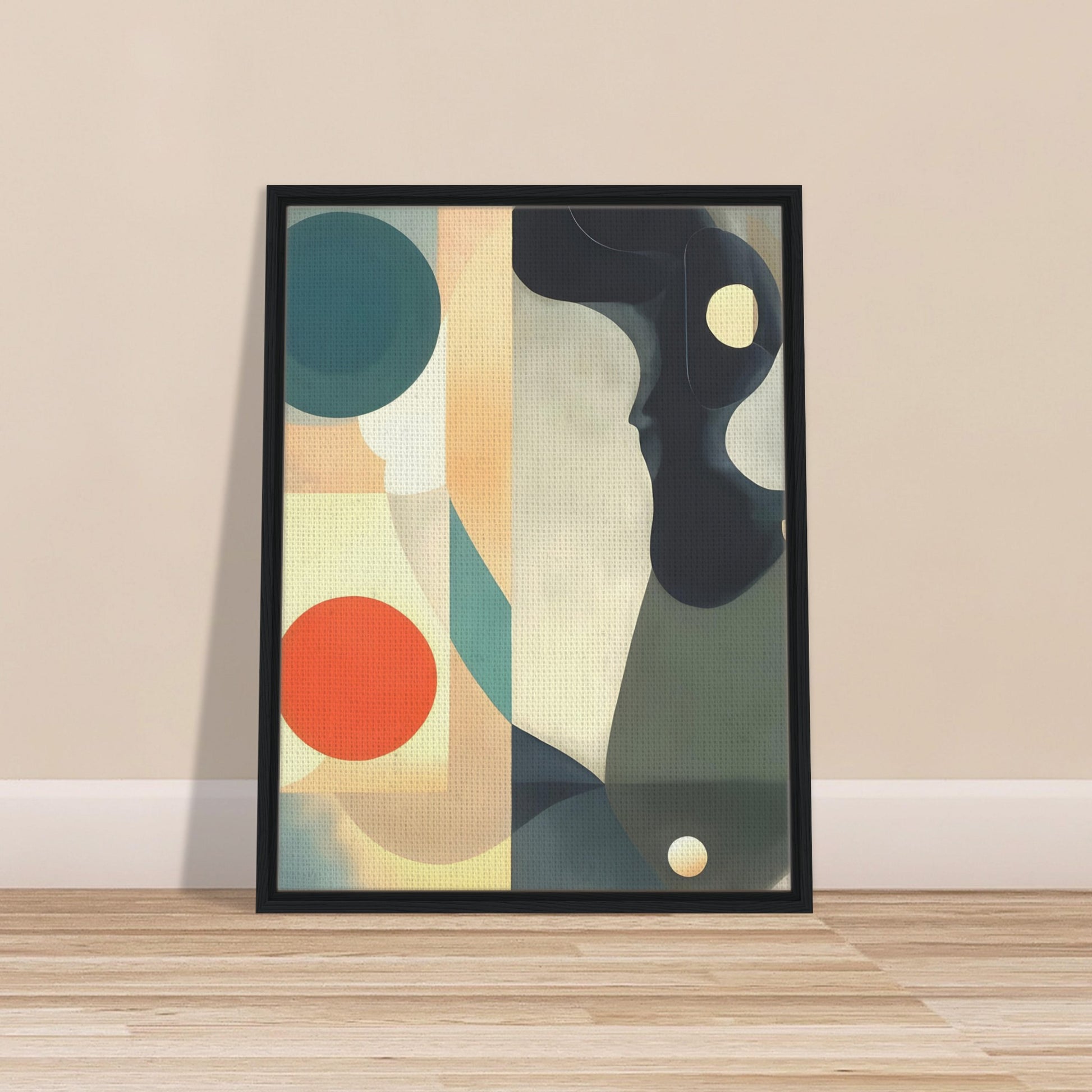 A serene composition featuring flowing shapes, bold circles, and muted tones of teal, orange, and cream, creating a modern abstract design.