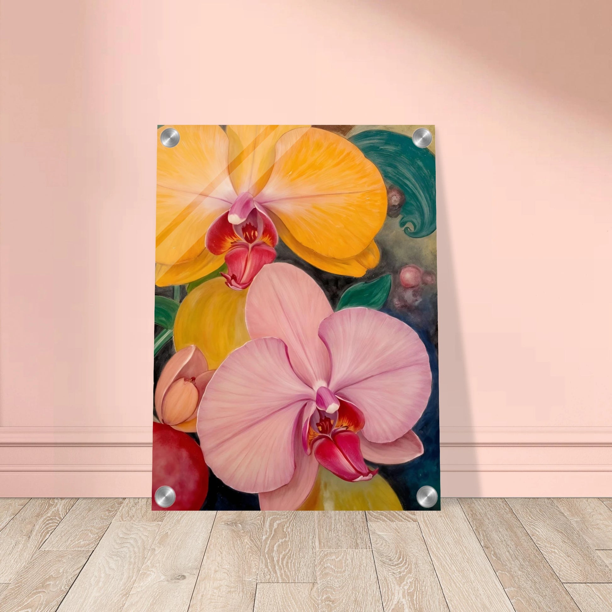 A vibrant floral painting featuring large blooming orchids in shades of golden yellow and soft blush pink, with rich magenta centers set against a dark, decorative background with lush green accents.