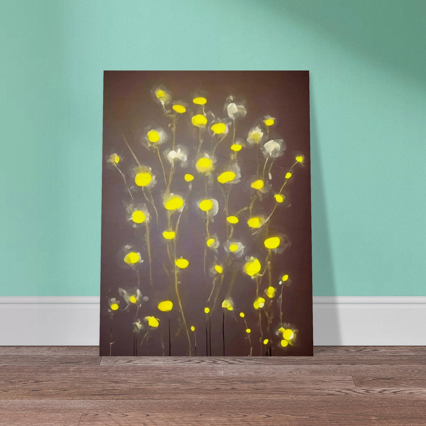 A minimalist painting featuring glowing yellow flowers with soft, translucent petals on a muted gray background, exuding a serene elegance.