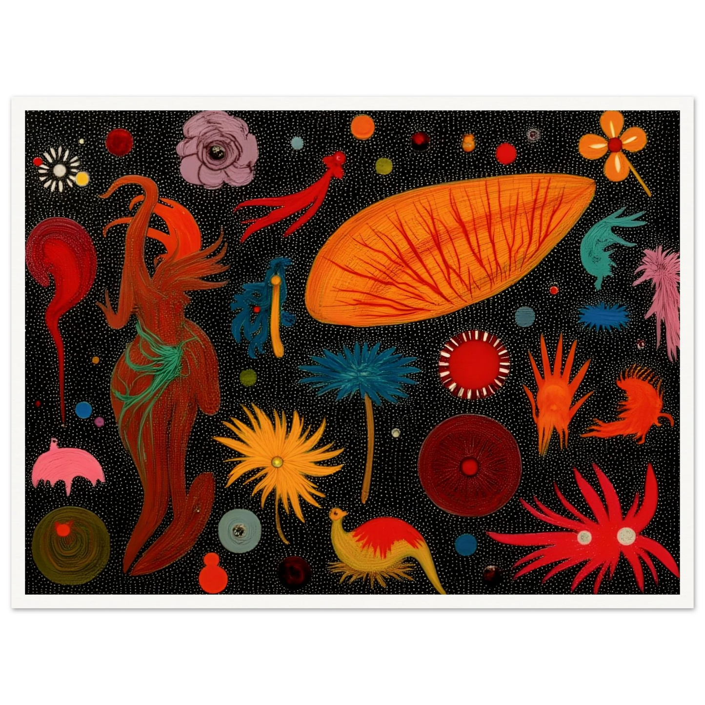 A vivid constellation of surreal floral and animal-like forms scattered over a black dotted background in bright, playful colors.