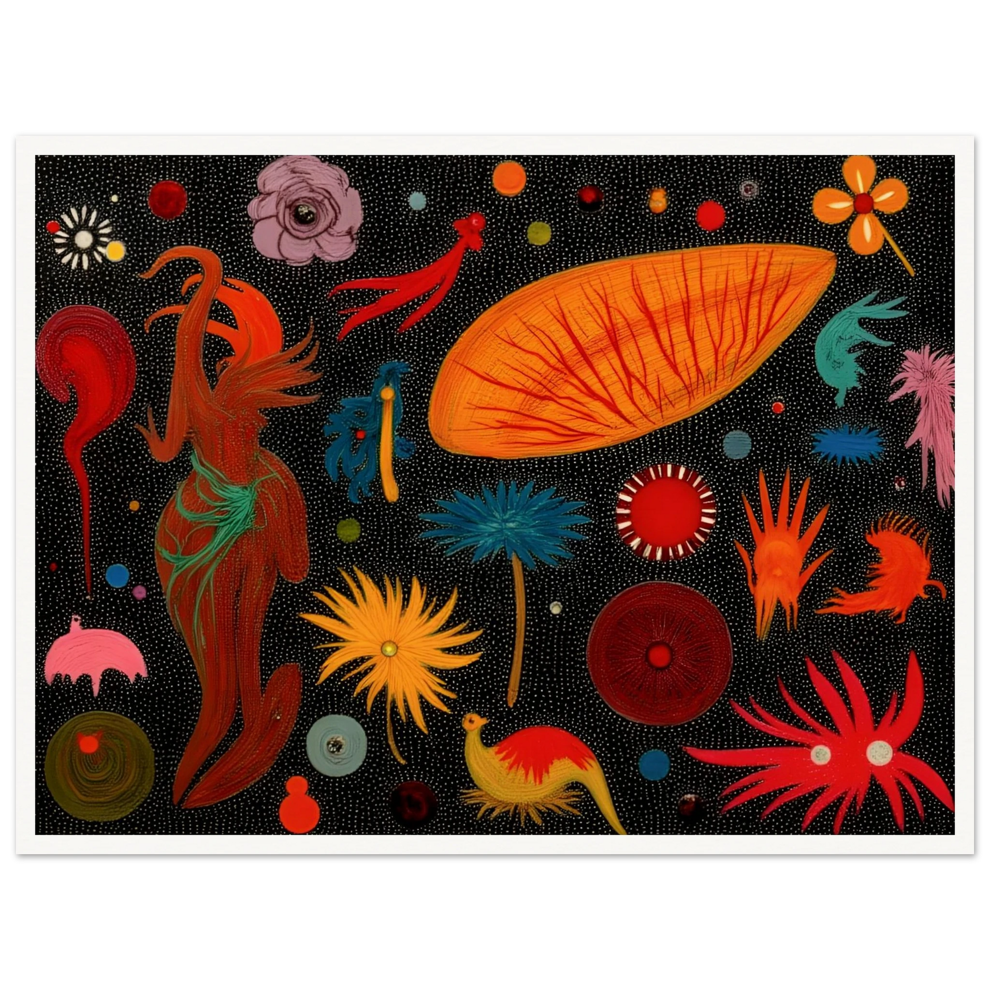 A vivid constellation of surreal floral and animal-like forms scattered over a black dotted background in bright, playful colors.