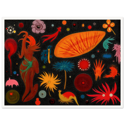 A vivid constellation of surreal floral and animal-like forms scattered over a black dotted background in bright, playful colors.