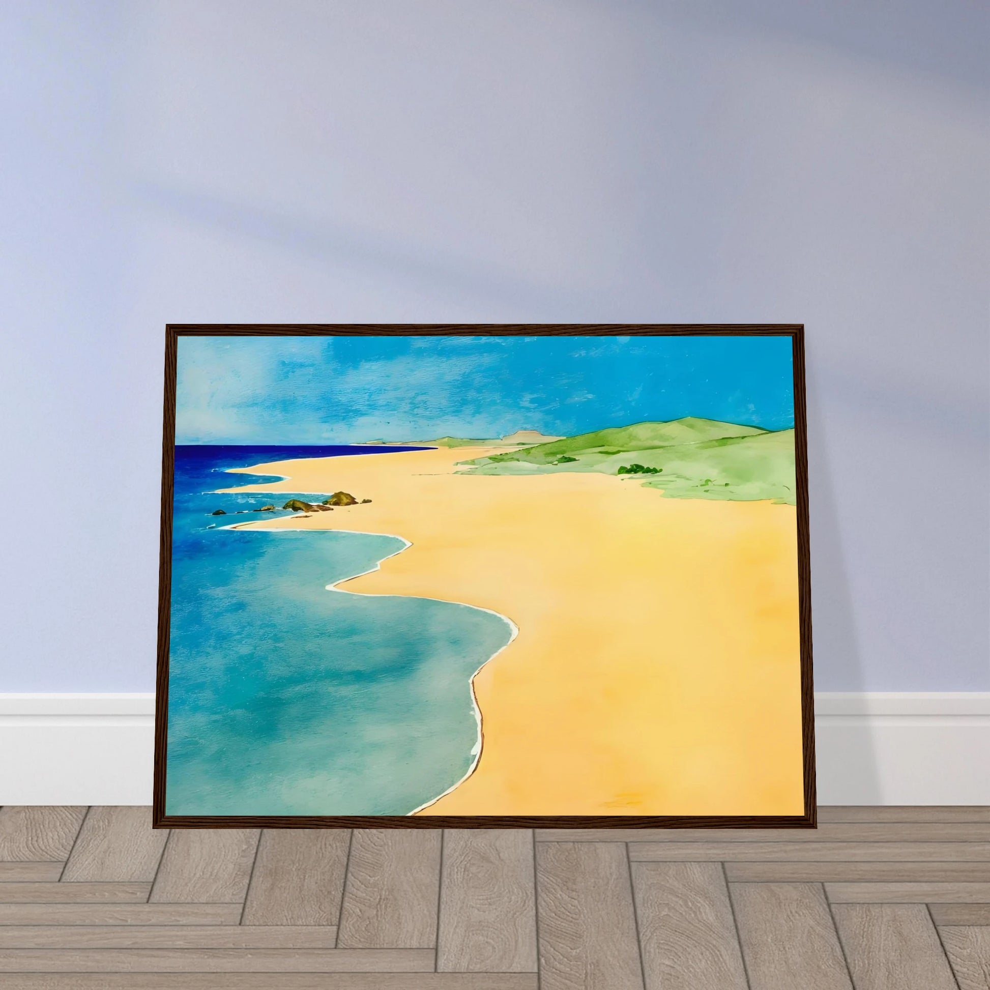 A calm beach scene with golden sand, turquoise waves, and green hills under a bright blue summer sky.