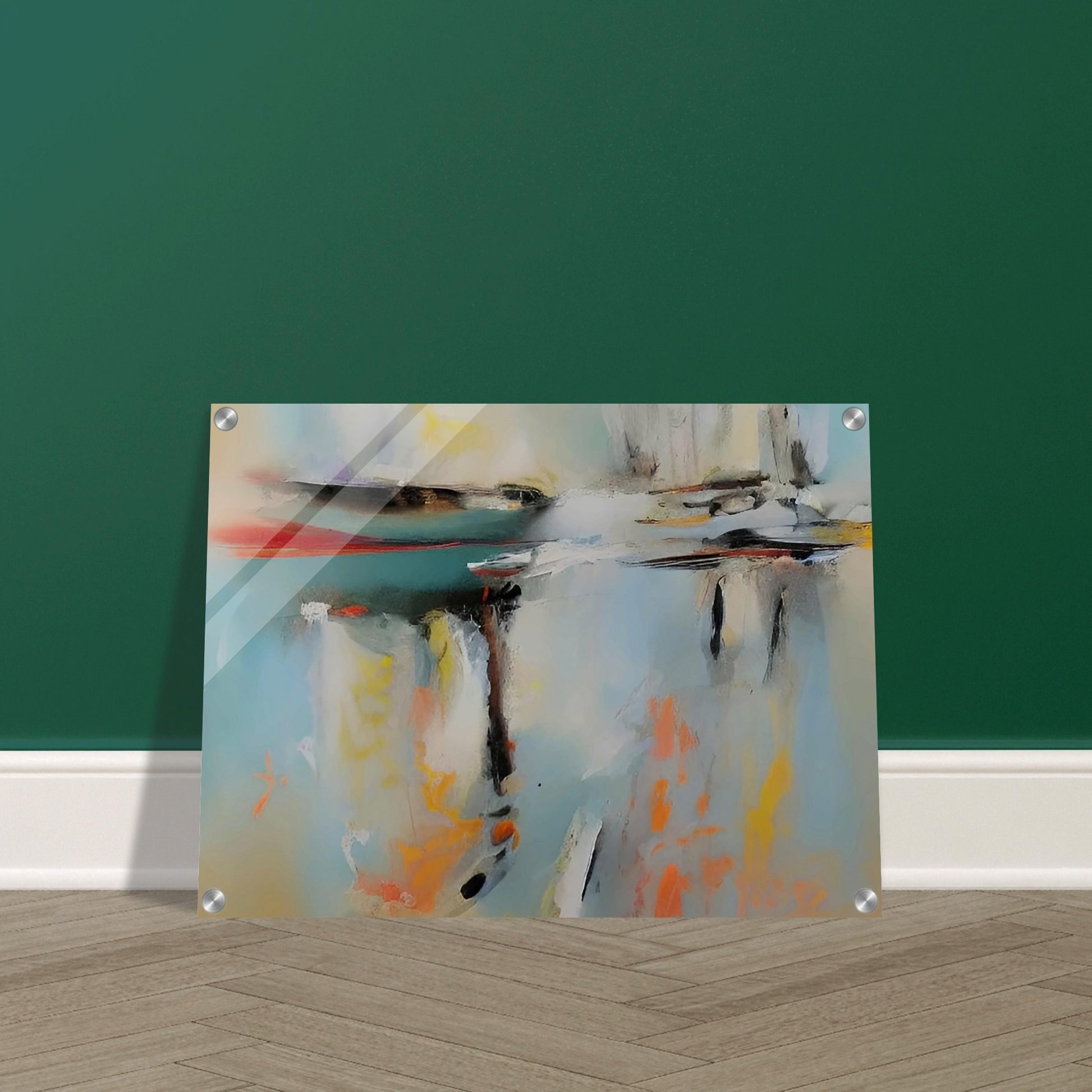 An abstract painting with soft, blurred colors reflecting on a calm water surface, creating a serene and tranquil atmosphere.