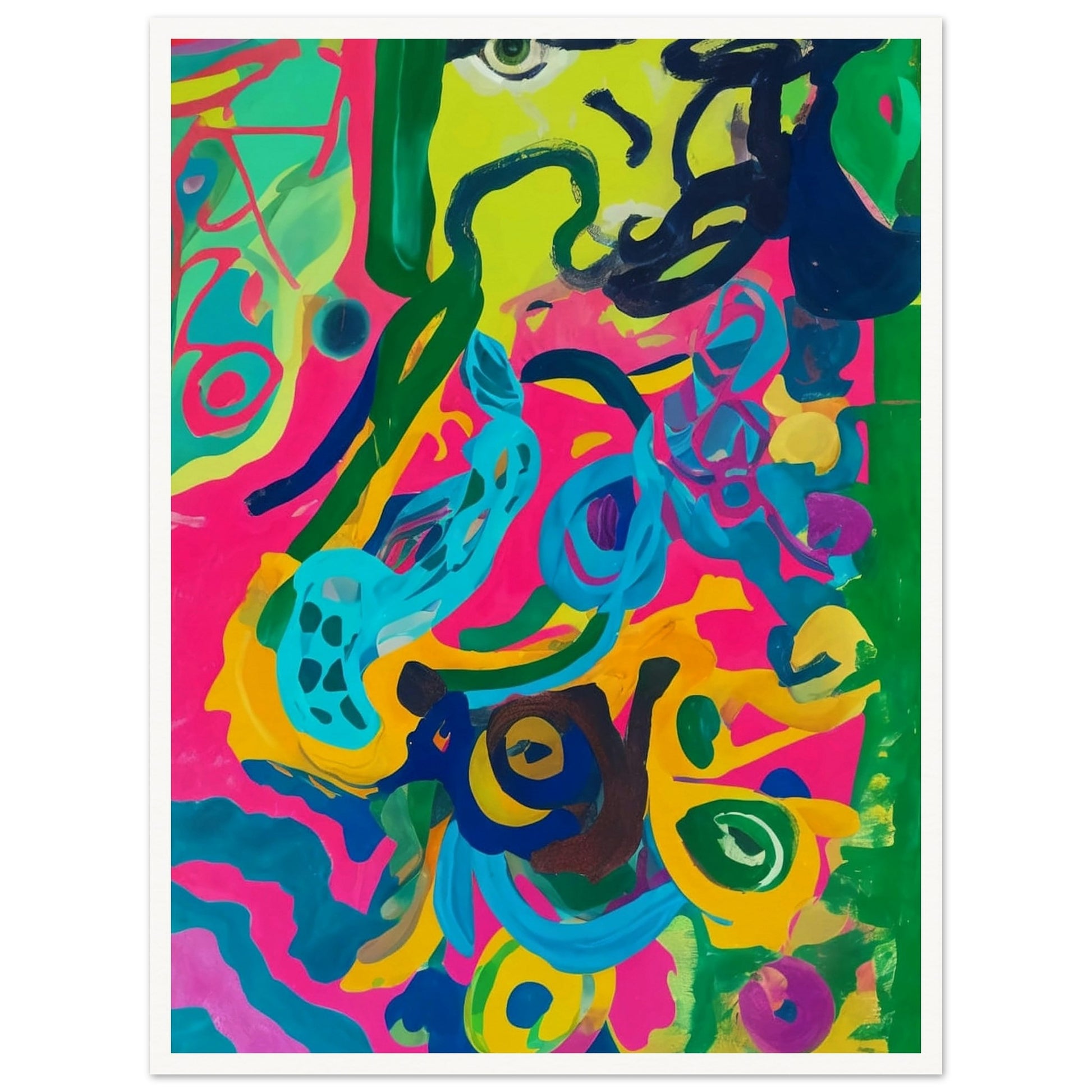 A vibrant abstract painting bursting with bright pink, green, blue, and yellow swirls, creating a lively and energetic composition.