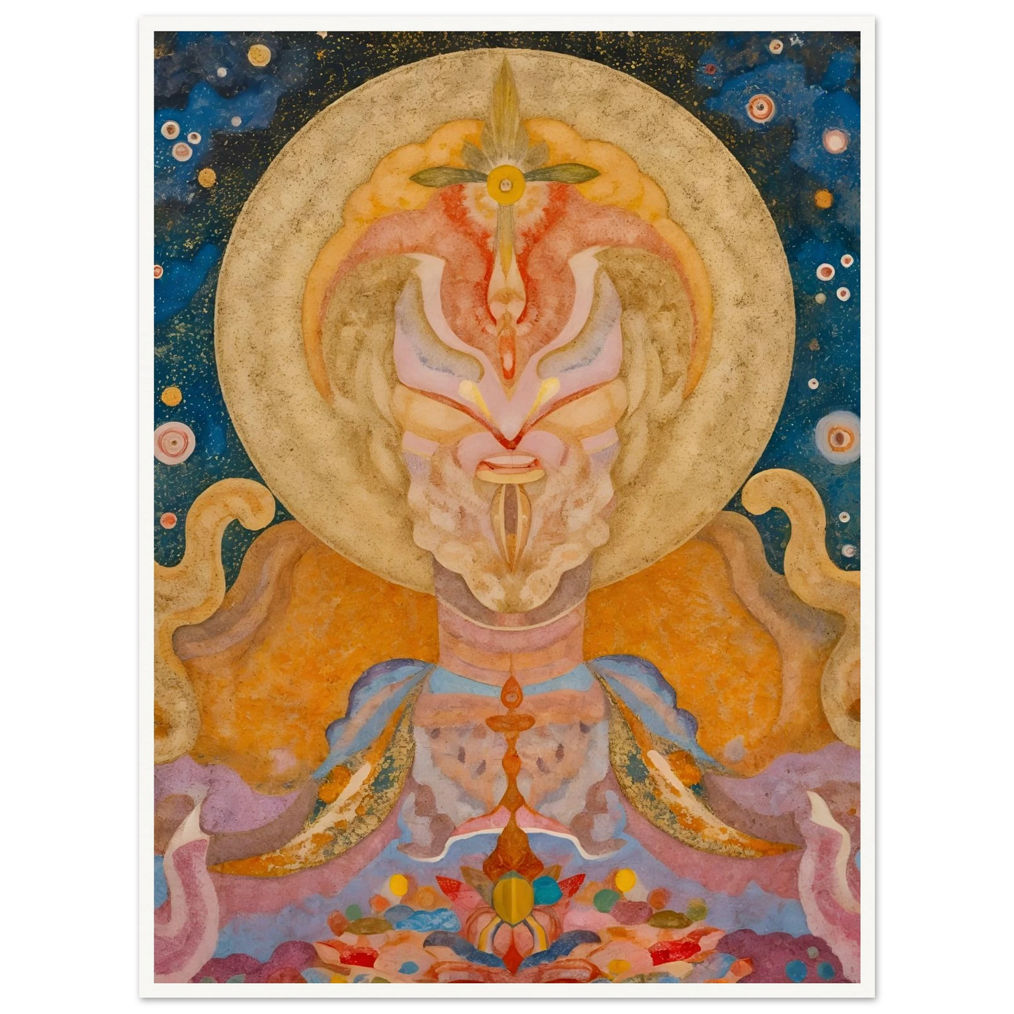 Ornate celestial figure with golden halo, starry blue sky, pastel robes, and floral forms.