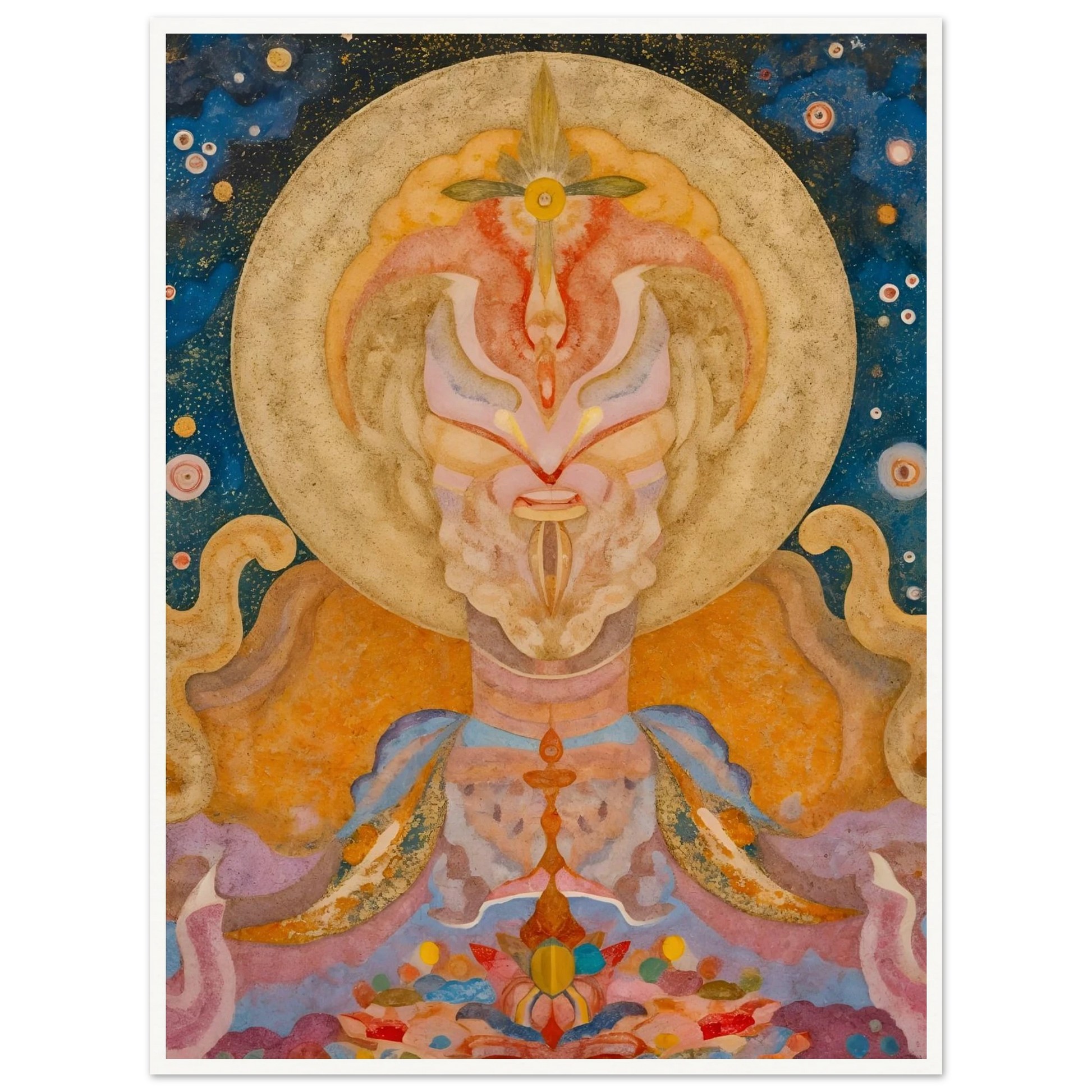 Ornate celestial figure with golden halo, starry blue sky, pastel robes, and floral forms.