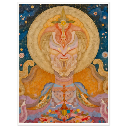 Ornate celestial figure with golden halo, starry blue sky, pastel robes, and floral forms.