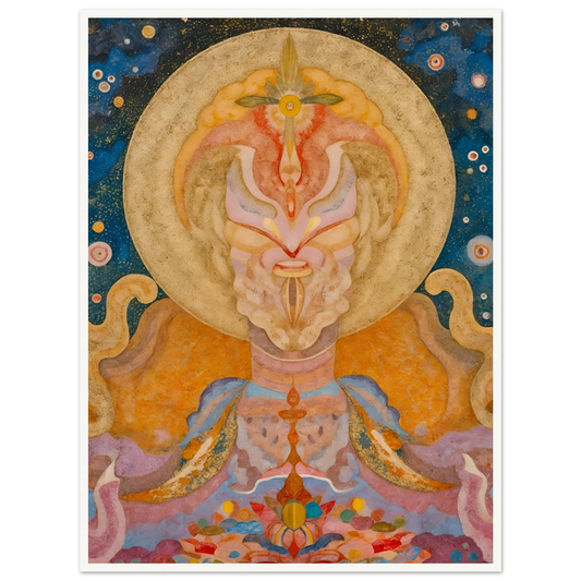 Ornate celestial figure with golden halo, starry blue sky, pastel robes, and floral forms.