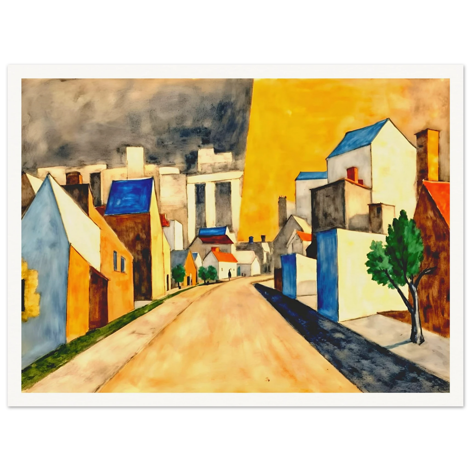 An expressionist townscape featuring a winding street lined with white and golden buildings, vivid blue rooftops, green trees, and a dramatic yellow sky contrasted by dark clouds.
