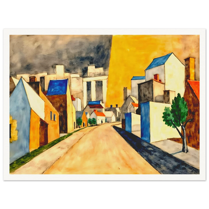 An expressionist townscape featuring a winding street lined with white and golden buildings, vivid blue rooftops, green trees, and a dramatic yellow sky contrasted by dark clouds.